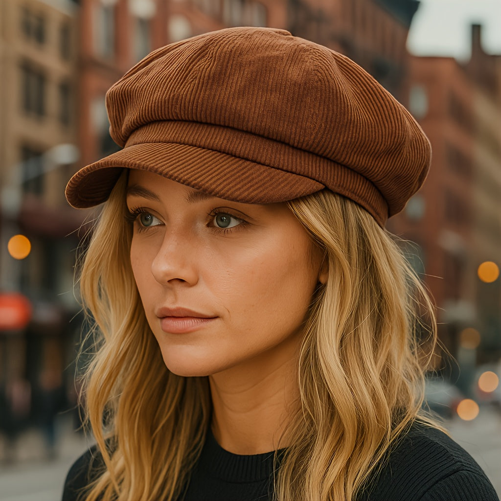 Womens Vintage Corduroy Newsboy Cap  Coffee Brown Octagonal Beret Hat NonStretch ElasticFree Fit Packable  Hand Washable for Autumn Winter Casual Outfits