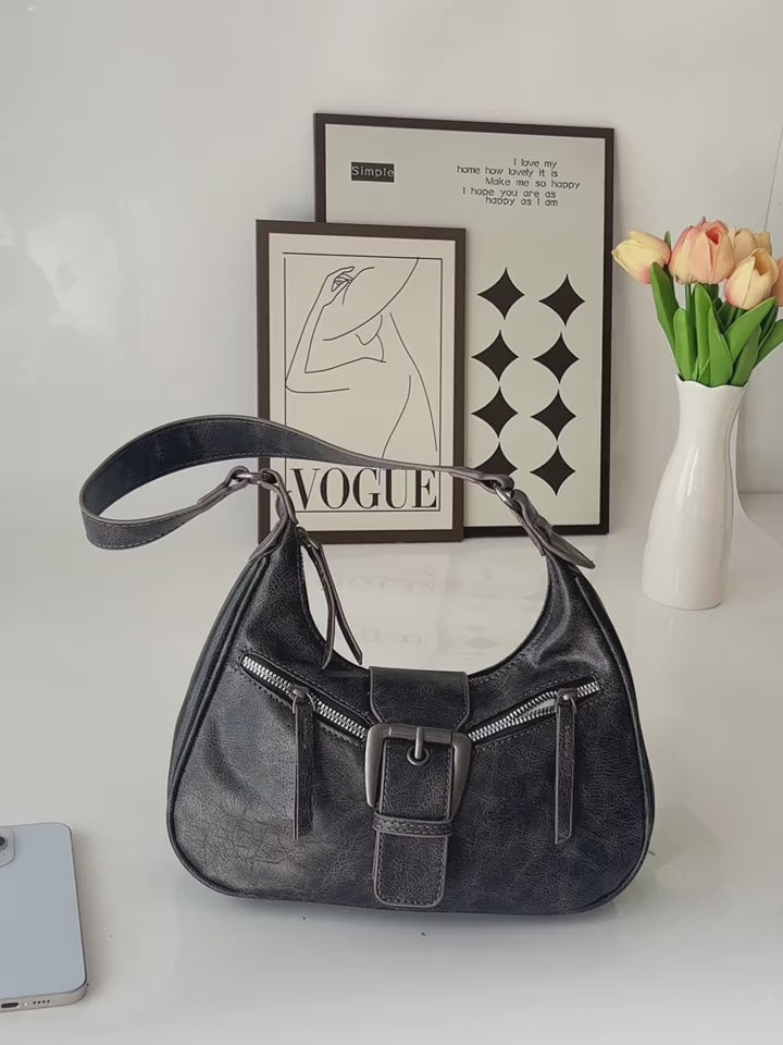 Y2K Punk Dark Gray Leather Vintage Motorcycle Shoulder Bag